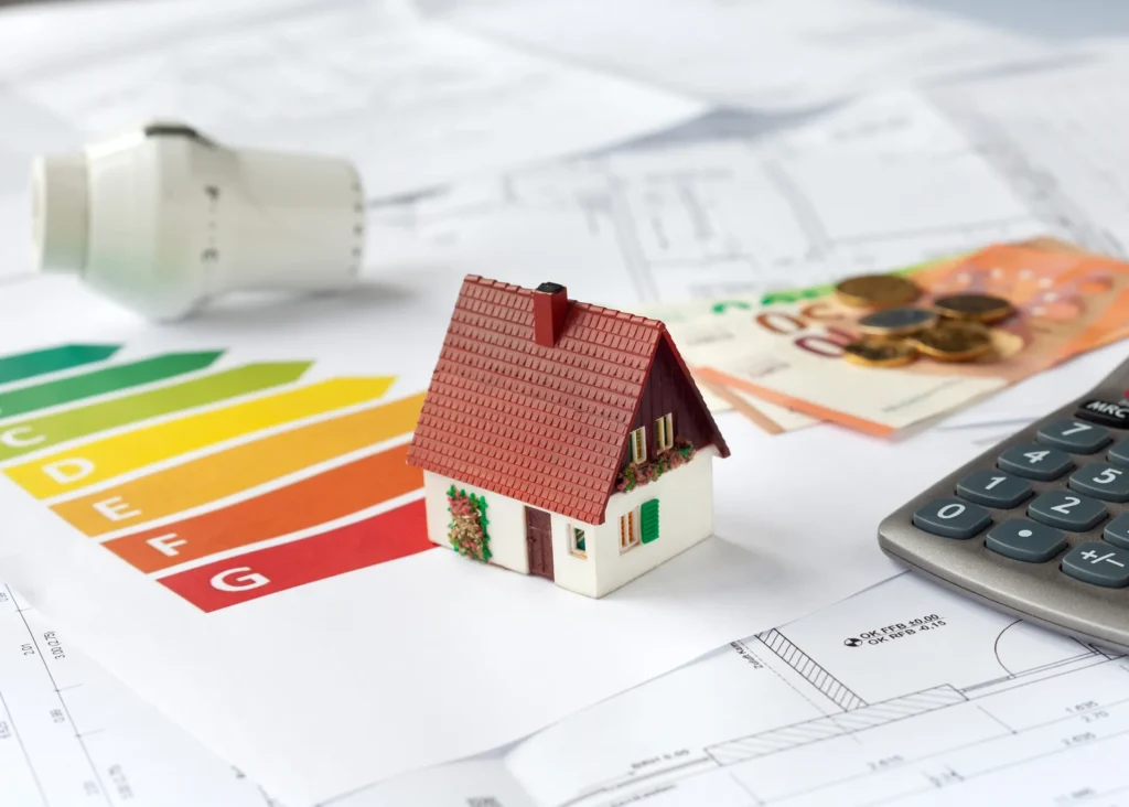 Une miniature de maison posée sur un graphique de diagnostic de performance énergétique (DPE), illustrant les gains économiques et écologiques d’une rénovation thermique.