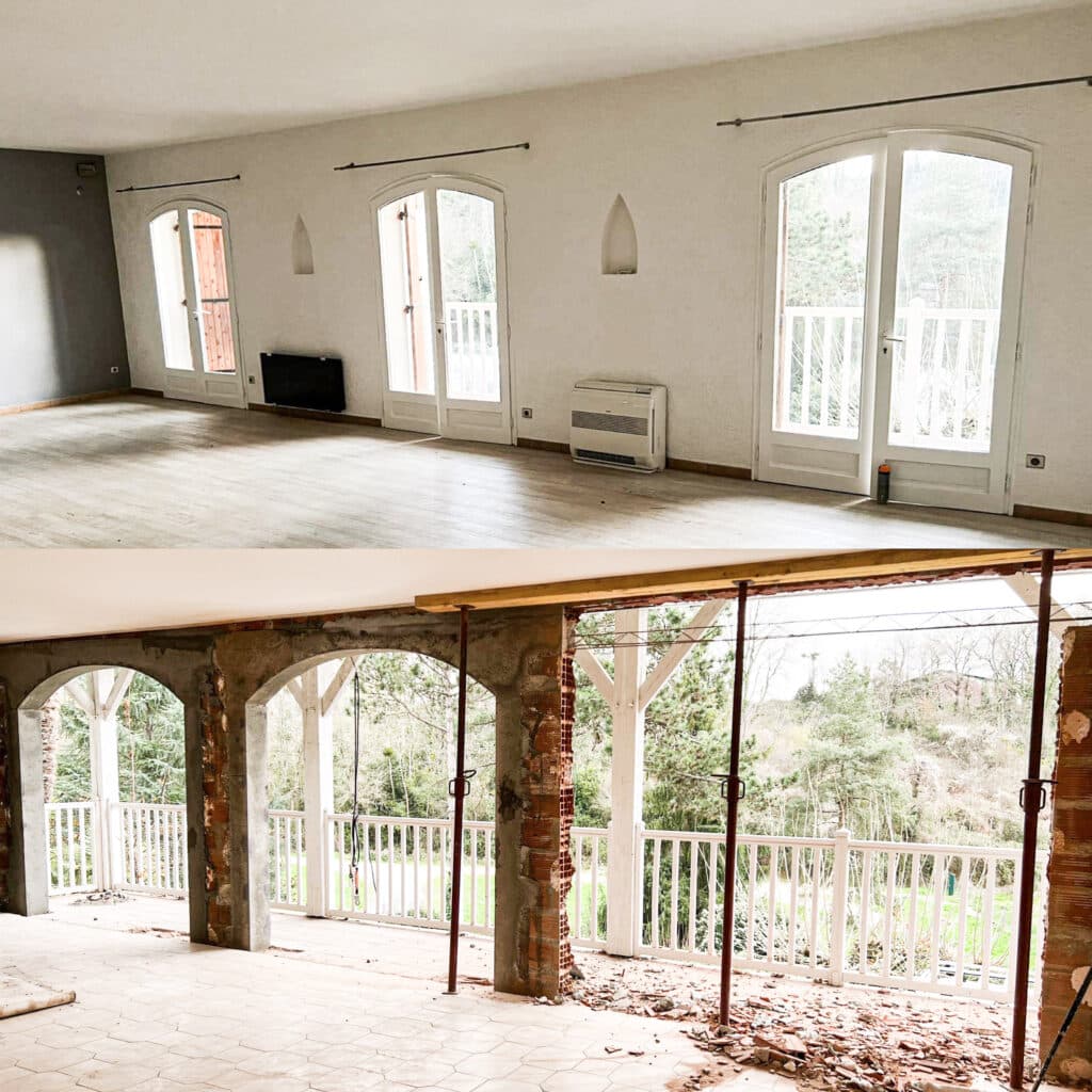 Salon avant/pendant rénovation : pièce avec parquet clair et portes-fenêtres, puis démolition de mur, créant une loggia avec arches et piliers.