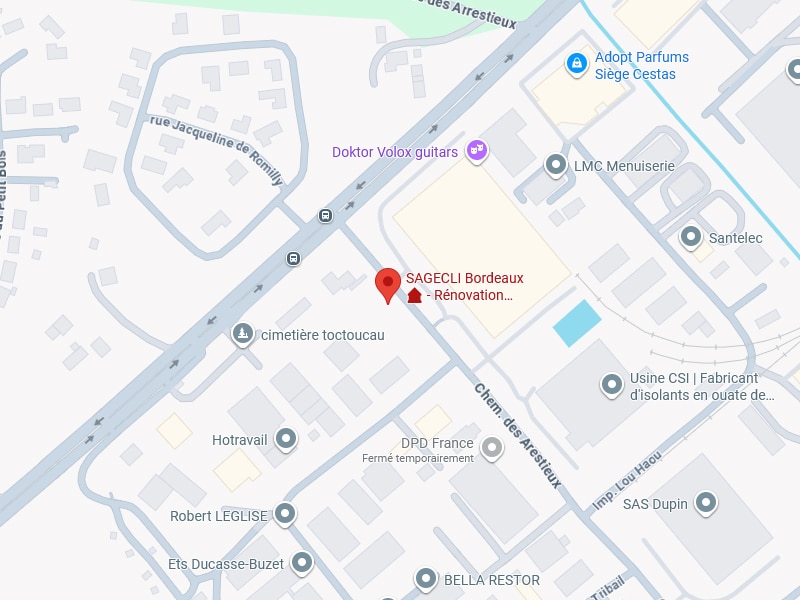 SAGECLI Bordeaux - Rénovation : Localisation sur Carte Carte indiquant l'emplacement de SAGECLI Bordeaux - Rénovation, près de la rue Jacqueline de Romilly, Doktor Volox guitars et cimetière toctoucau.