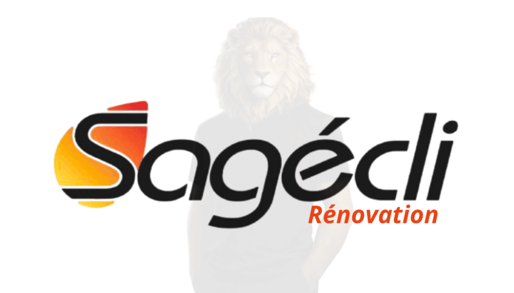 Sagéclï Rénovation – Logo officiel du leader. Logo Sagéclï Rénovation, texte noir et rouge-orangé. Le S stylisé en flamme devant la silhouette discrète d'un lion.