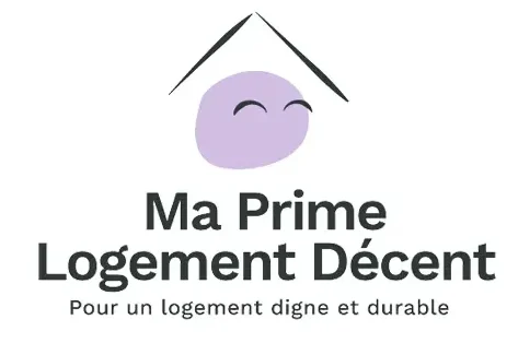 Logo Ma Prime Logement Décent, toit protecteur sur visage serein mauve. Pour un logement digne et durable.