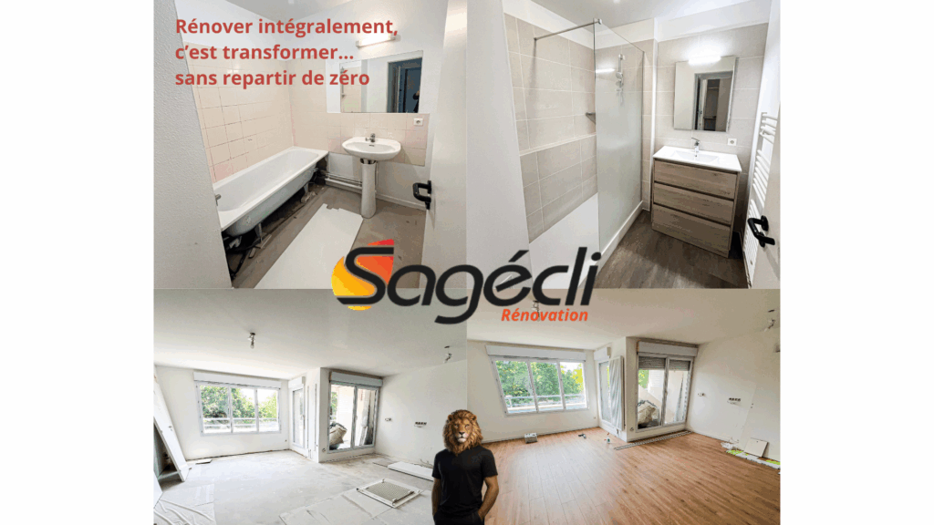 Rénovation intégrale Sagécli. Avant/Après d'une salle de bain (baignoire à douche) et d'une pièce à vivre. C'est transformer sans repartir de zéro.
