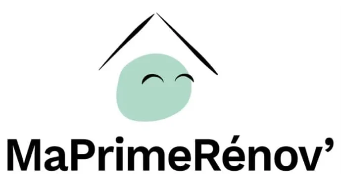 MaPrimeRénov’ : Logo officiel pour rénovation énergétique Logo MaPrimeRénov' avec un toit noir stylisé, un visage souriant vert et le texte officiel en noir.