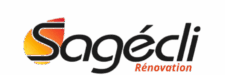 Logo Sagécli Rénovation avec un S stylisé dégradé orange et jaune et lettrage noir moderne sur fond blanc.