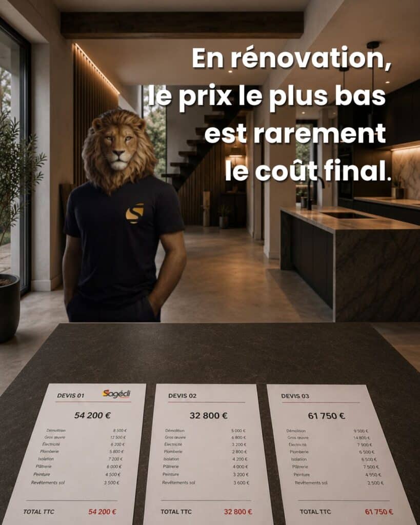 Rénovation Sagécli : méfiez-vous du devis le plus bas Homme à tête de lion devant trois devis. Texte : En rénovation, le prix le plus bas est rarement le coût final. Sagécli.