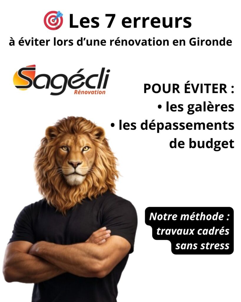 Rénovation Gironde : 7 erreurs à éviter avec Sagécli Lion musclé pour Sagécli Rénovation : évitez les 7 erreurs et les dépassements de budget pour vos travaux en Gironde.