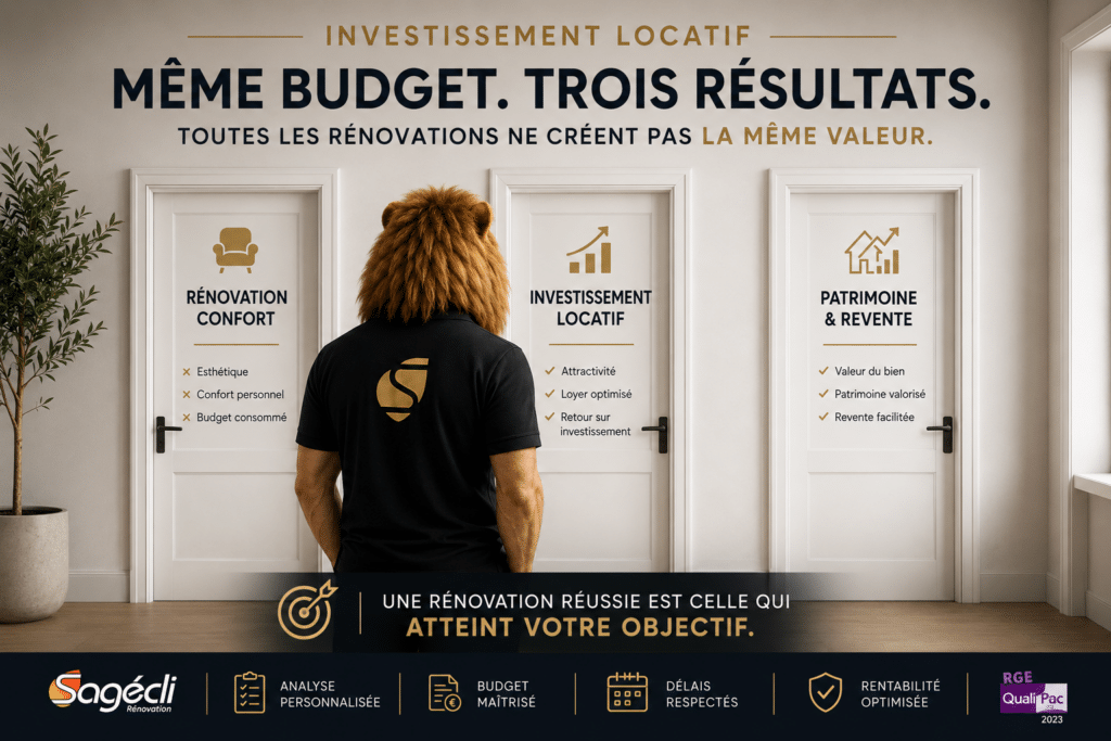 Investissement locatif : optimisez votre rénovation Sagécli Homme à tête de lion devant 3 portes : même budget, trois résultats de rénovation locative chez Sagécli.